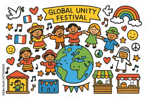 Global Unity Celebration. Global unity festival. Colorful Hand-drawn doodle Children illustration Global unity festival Earth globe, people in costumes, flags,