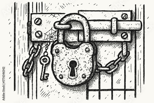 Corroded Padlock Illustration. Corroded Lock. Hand-drawn doodle illustration Corroded Lock padlock, rust, key, chain, latch, hinges, scratches, dust, cobweb,