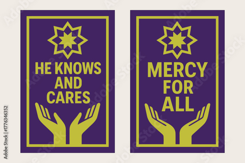Knowledge & Mercy Banners. Knowledge & Mercy. Two vertical A6 banners with safe margins, centered composition, no elements touching edges, geometric, royal