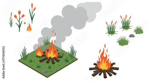 Isometric campfire and nature elements with smoke and grass