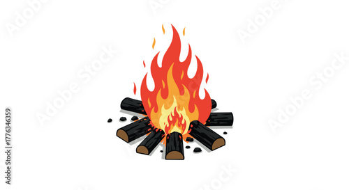 Vibrant campfire with logs and flames on a clear background