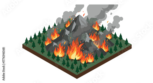 Isometric forest fire scene with burning trees and thick smoke