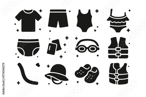 Kids Swimwear Icons. Kids swimwear and pool fun. Solid icons set of Kids swimwear and pool fun: swim shirt, swim shorts, one-piece kid, ruffle bikini, swim