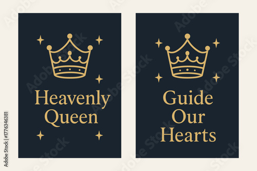 Heavenly Queen Banners. Heavenly Crown. Two vertical A6 banners with safe margins, centered composition, no elements touching edges, minimal, navy and gold,