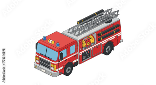 Isometric fire truck with equipment on white background