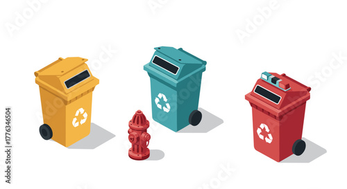 Isometric recycle bin trio with fire hydrant on clean white background