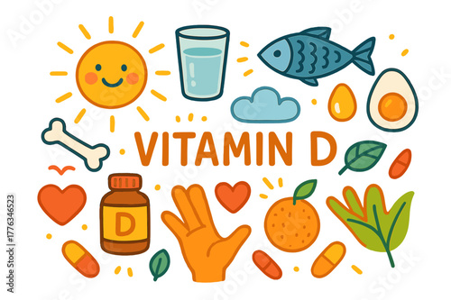 Vitamin D Icons. Vitamin D. Colorful Hand-drawn doodle Children illustration Vitamin D sun, bone, milk glass, fish, egg, supplement bottle, cloud, smiley,