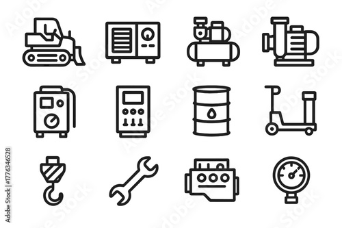 Industrial Equipment Icons. Industrial equipment. Line icon set of industrial equipment: bulldozer, generator, compressor, pump, welding machine, control