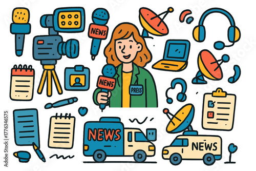 Field Reporting Doodle. field reporting. Colorful Hand-drawn doodle Children illustration field reporting reporter, camera, microphone, tripod, notebook, press