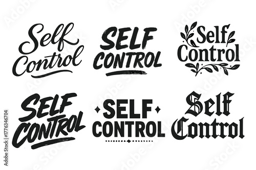 Self-Control Lettering Variations. Self-control. Set lettering. harmonious lettering variations of the same emblematic concept, each with different artistic