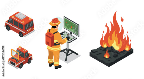 Isometric firefighter analyzing map with fire truck and flames