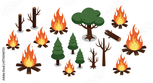 Isometric forest elements with campfire and trees