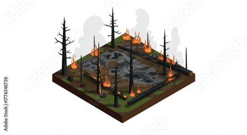 Isometric forest fire scene with burning trees and smoke