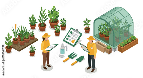 Gardening and plant care in a greenhouse isometric design with potted plants and tools