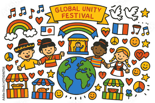 Global Unity Celebration. Global unity festival. Colorful Hand-drawn doodle Children illustration Global unity festival Earth globe, people in costumes, flags,