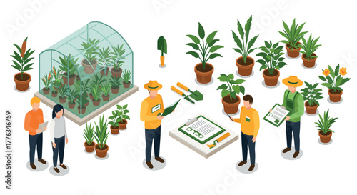 Isometric greenhouse with gardeners and potted plants in a botanical setting