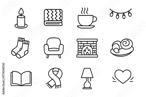 Hygge Lifestyle Icons. Hygge Lifestyle. Line icon set of Hygge Lifestyle: candle, knitted blanket, warm tea, fairy lights, wool socks, soft chair, fireplace,