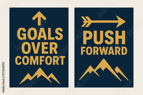 Goals Over Comfort Banners. Goals over comfort. Two vertical A6 banners with safe margins, centered composition, no elements touching edges, bold, navy and
