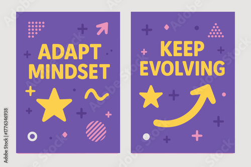 Adapt Keep Evolving Banners. Adapt mindset. Two vertical A6 banners with safe margins, centered composition, no elements touching edges, memphis, purple and
