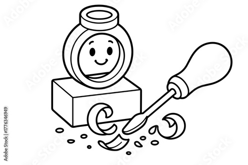 Wax Ring Coloring. Wax model carving children?s coloring book illustration, outlined drawing, a simple wax ring model on a stand with a safe carving tool and