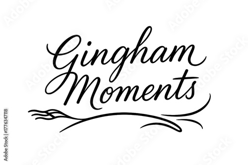 Gingham-Inspired Script. . Gingham Moments ? Script Hand-Lettering: fluid brush-style semi-cursive with gentle slant, thin connectors and broad downstrokes;