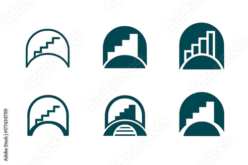 Social Mobility Logos. Social mobility. Set Logo of Social mobility: ascending steps across bridge. harmonious logo variations of the same emblematic concept,