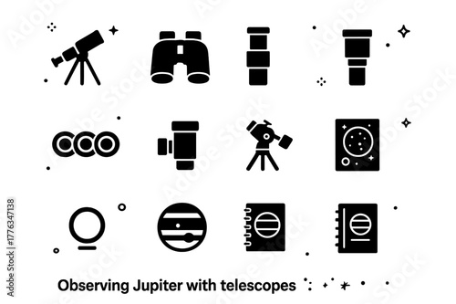 Jupiter Observation Icons. Observing Jupiter with telescopes. Solid icons set of Observing Jupiter with telescopes: backyard telescope, binoculars, eyepiece,