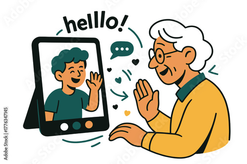 Generational Virtual Connection. Elderly ? Video Call. A tablet shows a grandchild waving; chat dots and tiny hearts float between screens. Caption ?hello!?