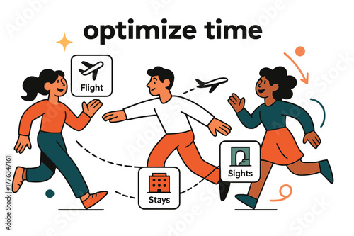 AI Travel Planner Art. AI Assistants ? Trip Planner. Cards for flights, stays, and sights snap into a smooth itinerary line; a tiny plane follows the path.