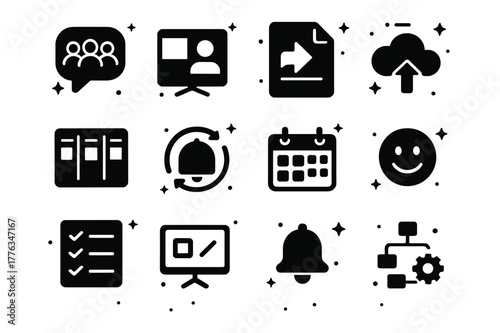 Collaboration Icons Set. Collaboration and communication. Solid icons set of collaboration and communication: team chat bubble, video call screen, shared