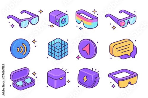 AR Glasses Icons. AR glasses. Colorful isometric vector icons set of AR glasses: transparent lenses, side camera module, waveguide display, touchpad temple,
