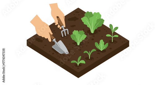 Isometric gardening hands with tools and vegetables on brown soil