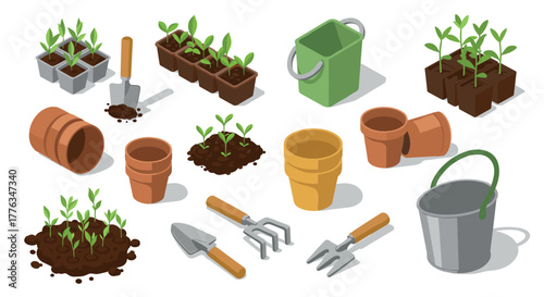 Isometric gardening tools and seedlings with pots for planting enthusiasts