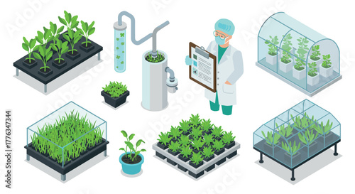 Isometric hydroponics and laboratory plants in modern greenhouse setting