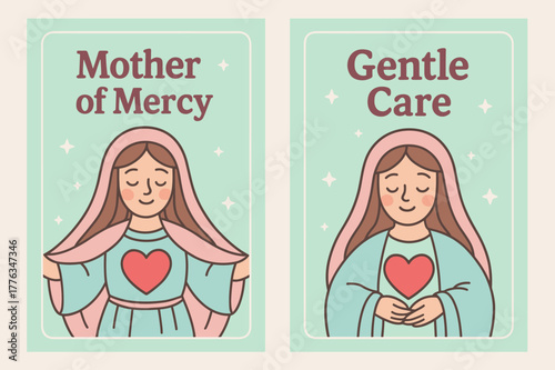 Mother of Mercy Banners. Mother of Mercy. Two vertical A6 banners with safe margins, centered composition, no elements touching edges, cartoon, pastel mint and