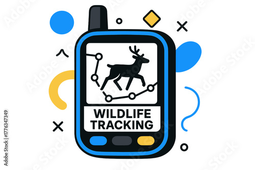 Animal Movement Tracking. Wildlife Tracking. Close-up of GPS device showing tracked animal movements with floating abstract geometric shapes, scientific and