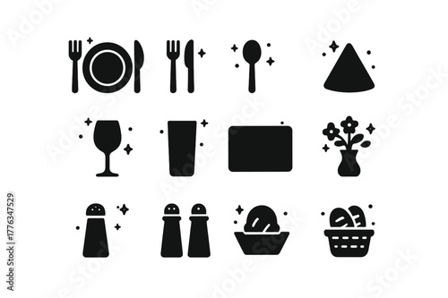 Table Setting Icons. Setting the Table. Solid icons set of Setting the Table: plate, fork, knife, spoon, napkin, wine glass, water glass, placemat,