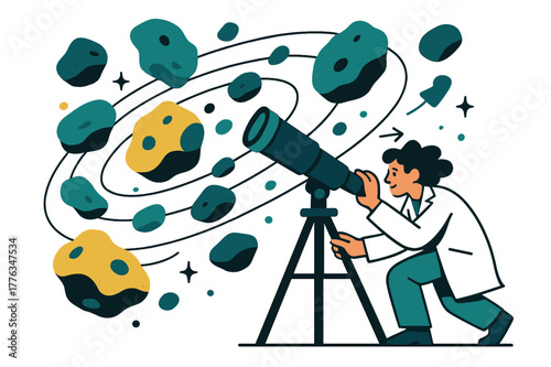 Asteroid Belt Exploration. Asteroid belt studies. Scientist observing asteroid belt through telescope with abstract floating asteroids, orbit lines, and