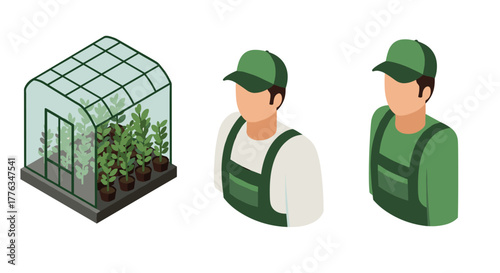 Isometric greenhouse and gardener figures with plants and uniforms