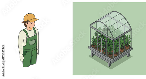 Gardener in overalls and isometric greenhouse with potted plants