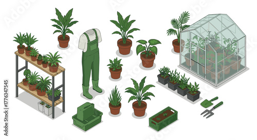 Greenhouse gardening essentials isometric tools, plants, and equipment for urban horticulture enthusiasts