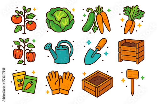 Vegetable Garden Icons. Vegetable garden essentials. Colorful isometric vector icons set of Vegetable garden essentials: tomato plant, lettuce head, cucumber