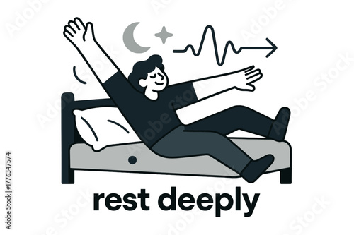 Dynamic Sleep Illustration. Exercise ? Better Sleep. A figure stretches into a bed shape; floating moon and star icons fade into a heartbeat line. Caption