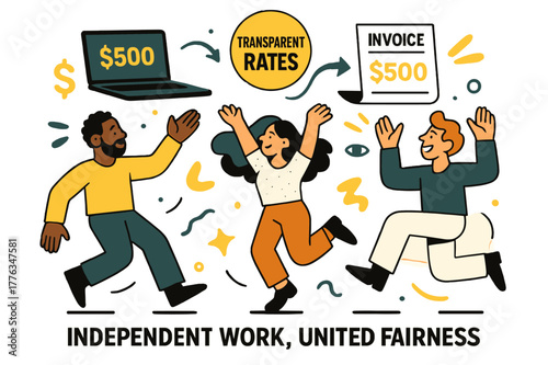 Equal Freelancer Rates. Freelancer rate equality. Laptops and invoices hover with matching amounts; sticker reads ?Transparent Rates.? Independent work, united