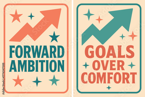 Retro Motivation Banners. Forward ambition. Two vertical A6 banners with safe margins, centered composition, no elements touching edges, retro, pink and teal,