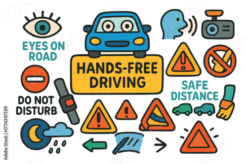 Hands-Free Driving Safety. Hands-free driving safety. Colorful Hand-drawn doodle Children illustration Hands-free driving safety eyes on road icon, do not