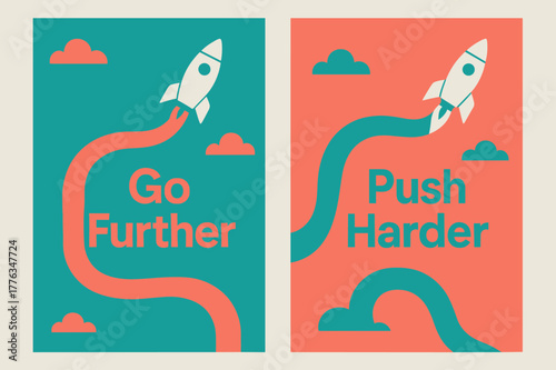 Go Further Banners. Go further. Two vertical A6 banners with safe margins, centered composition, no elements touching edges, modern, turquoise and coral,
