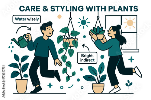 Plant Care Style. Care & styling with plants. A trailing pothos and a succulent settle into fresh hangers; ?Water wisely? and ?Bright, indirect? float as