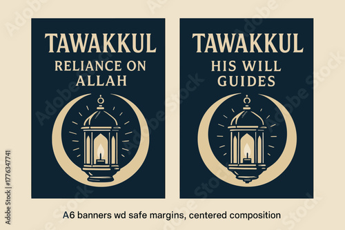 Spiritual Banners. Tawakkul. Two vertical A6 banners with safe margins, centered composition, no elements touching edges, bold, navy and beige, lantern light,