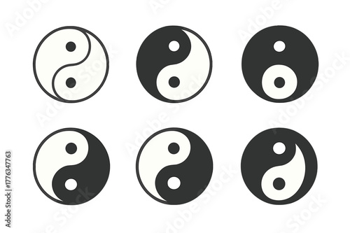 Harmonious Yin-Yang Logos. balance. Set Logo of balance: Yin?yang symbol. Icon set. harmonious logo variations of the same emblematic concept, each with